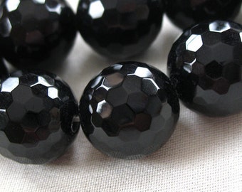 14mm Micro Faceted Black Onyx Round Beads, large 14mm, full strand, 15.5"