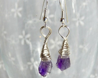 Raw Amethyst Drop Earrings, Small Raw Amethyst Earrings, Silver and Amethyst Earrings, Raw Amethyst Stones, February Birthstone Earrings