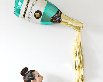 New Years Eve Champagne Bottle Tassel Balloon, Bachelorette Party Decor, Photo Booth Prop, Gold and Champagne Backdrop, Pop Fizz Clink