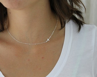 Sideways Cross Necklace, Gold Cross Necklace, Sideways Necklace, Dainty Cross Necklace, Cross Necklace Women, Perfect to Layer