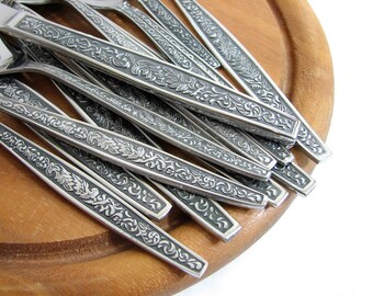 Stainless Flatware Set, Mid-Century Modern SCROLLED LEAVES ... Vintage Stainless Steel Korea, 80 Pcs., Service for 12 (Mint, NOS)