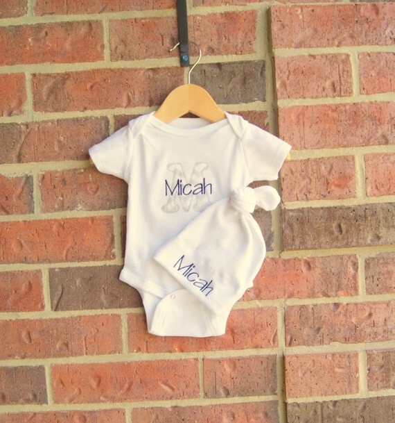 Items similar to Personalized Onesie and Tie Top Baby Hat Gift Set on Etsy