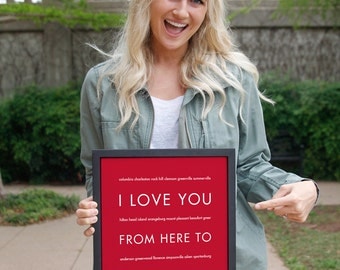 South Carolina Art Print, Gamecocks Decor, Clemson Gift, I Love You From Here To SOUTH Carolina, Shown in Scarlet Red