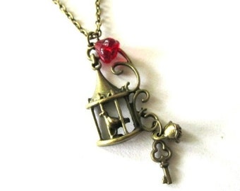 Birdcage necklace jewelry antique bronze brass bird cage charm necklace vintage style with red czech flower