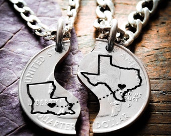 Long Distance Relationship Couples Necklaces, Custom states engraved, Heart on your cities, Coin and Silver Jewelry