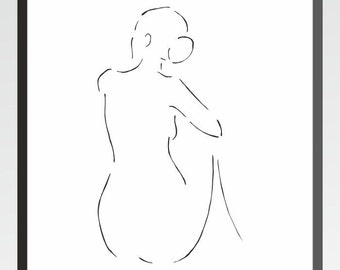 Minimalist art print. Sitting nude from back. Black and white drawing for home decor. Nude sketch.