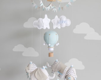 Elephant Baby Mobile, Elephants and Hot Air Balloon, Nursery Decor, Ceiling Mobile, i153