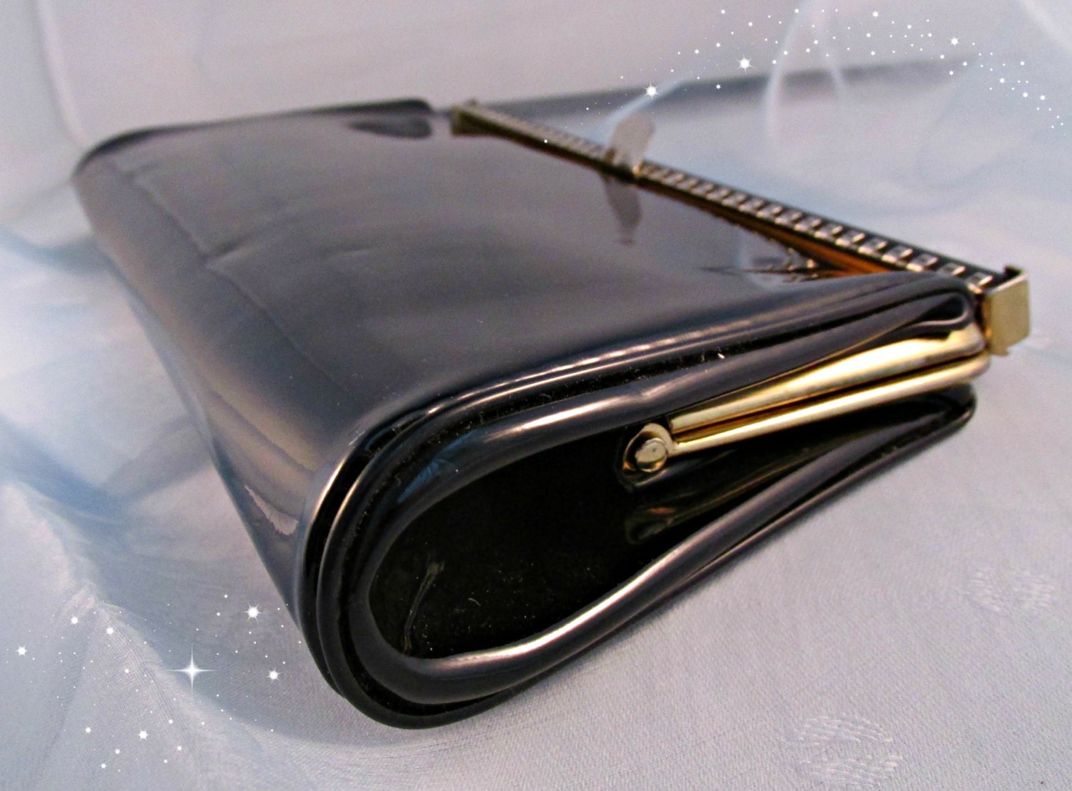 Mid Century Black Patent Leather Clutch Bag Purse Handbag