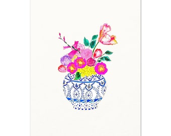 Ginger Jar and Flowers Watercolor Art Print.