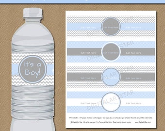 Baby Shower Chevron Water Bottle Labels, DIY Printable Boy Shower Water Bottle Wraps, EDITABLE in Adobe Reader, Baby Boy Shower Favors BB1