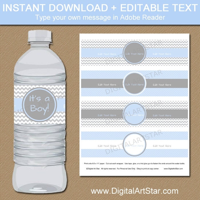 Baby Shower Chevron Water Bottle Labels DIY Printable Boy