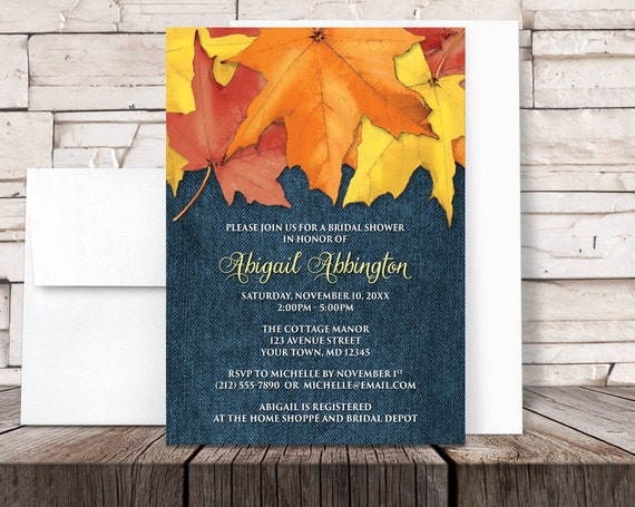 Autumn Leaves Denim Bridal Shower Invitations - Rustic Fall Country Blue - Printed Invitations Il_570xn