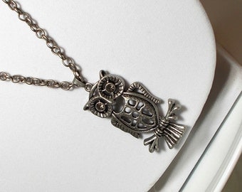 Antique Silver Owl Pendant With Rhinestone Eyes Long Chain Necklace, Owl Necklace, Bird Necklace