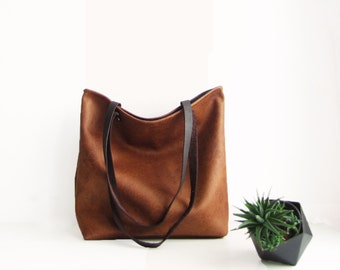 Cognac Tote Bag, Large tote bag, Distressed, Rustic Look, Casual tote, Eco vegan leather, Shopper,