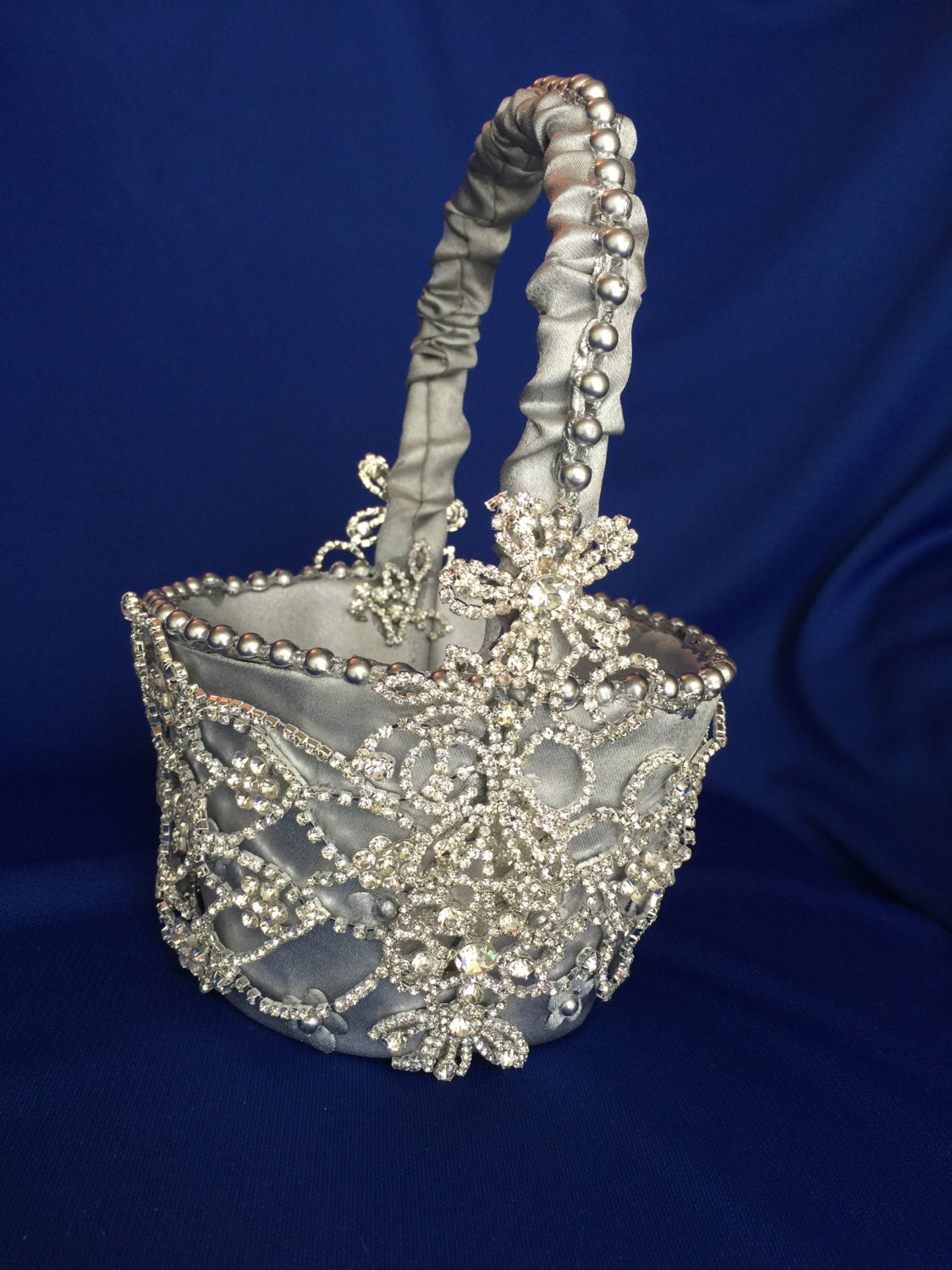 custom silver flower girl basket with lots of bling flower