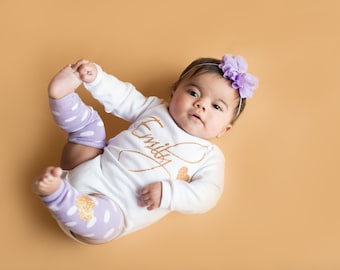 Personalized Baby Girl Coming Home Outfit, Clothes Lavender Gold Glitter Headband Leg Warmer Newborn Girl Clothing Gift Hospital Take Home