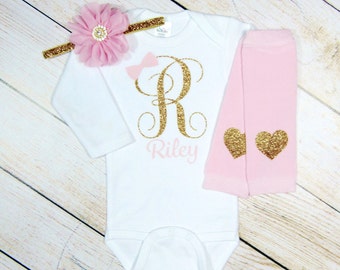 Personalized Baby Clothes Monogram Girl Outfit Pink Gold Glitter Headband Leg Warmer Newborn Girl Coming Home Outfit Gift Hospital Take Home