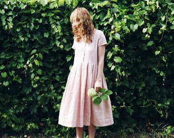 Linen Dress - Rose Linen Dress - Short Sleeved Linen Dress - Handmade by OFFON