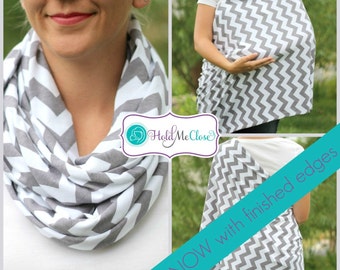 SALE Nursing Scarf / Hold Me Close Nursing Scarf / SALE / Gray Chevron Finished Edge, Nursing Cover, Infinity Scarf,