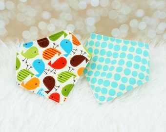 Baby Drool Bibs - Retro Bermuda Birds and Aqua Dots - Set of 2 baby bandana bibs (or choose your own fabric)