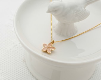 Dainty Gold Flower Necklace Bridesmaids Necklace Flower Enamel Pendant Everyday Necklace Blush Wedding Gold Filled Jewelry.