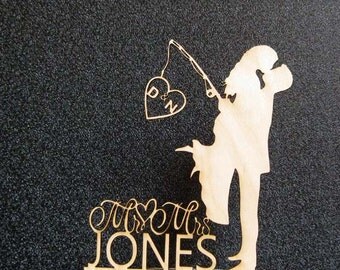 Personalized Rustic Wood Wedding Cake Topper - Wedding Bride and Groom silhouette, Fishing cake topper with Initials and Mr&Mrs last name