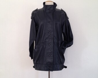 long leather coat womens / vintage leather jacket / 80s leather jacket / teal coat / 80s coats