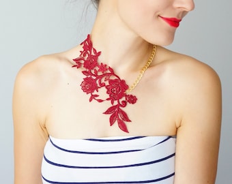 4th July Lace Necklace Statement Necklace Summer Fashion Summer AccessoryLace Fashion Burgundy Necklace Floral Necklace / LASATA