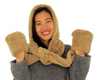 HD700BR Damen Schal Scoodie Winter Plüsch Kapuzenschal Teddy braun