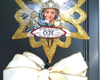 Christmas tree topper Star Gold Tree top Assemblage Angel Vintage Style Tree Star Gold Christmas decorations Ivory wired ribbon bow