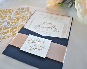 Navy Blue, Gold and Blush Pocket Wedding Invitation-Simply Glamorous- Navy and Blush Invite (NOT SAMPLE LISTING) Colors/wording Customizable