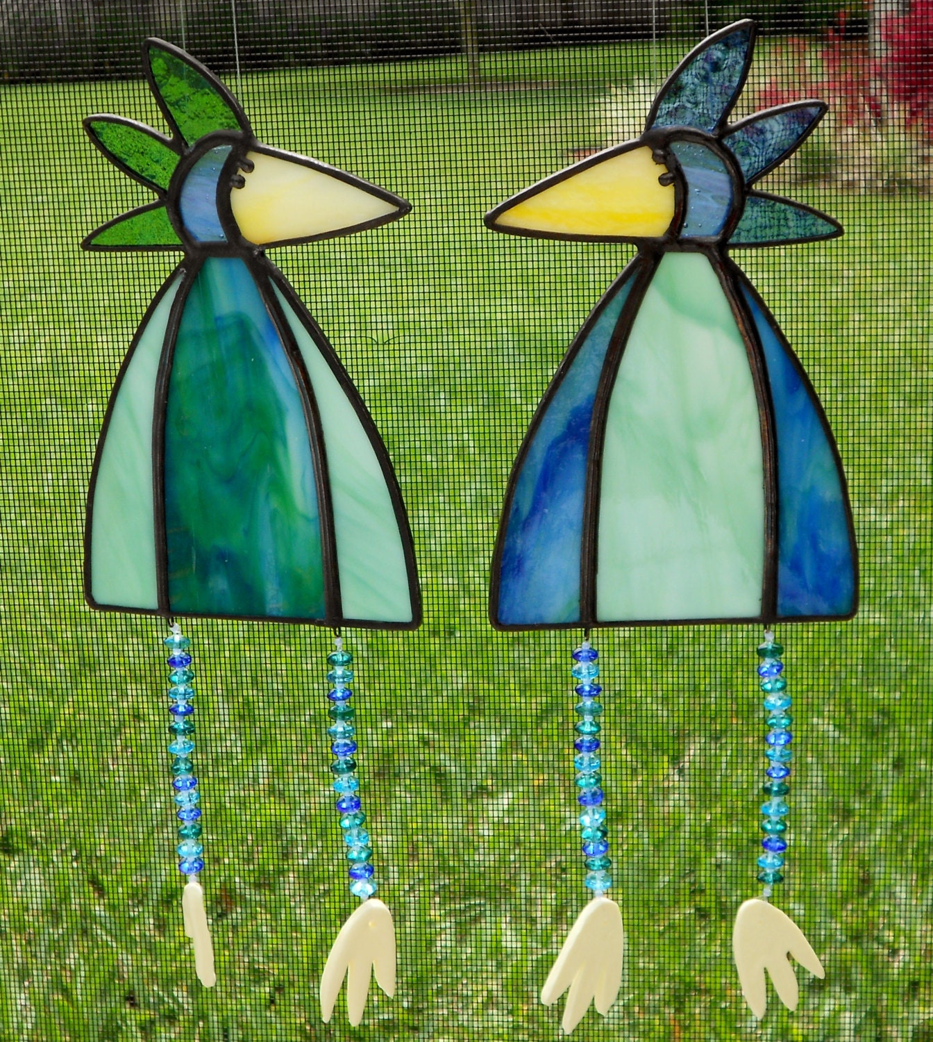 Whimsical Stained Glass Bird Suncatchers with Legs Blue and