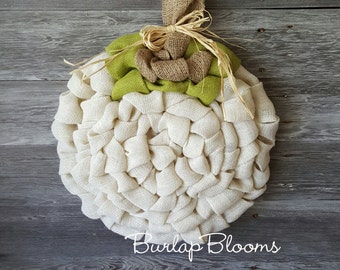 White Burlap Pumpkin Wreath, White Fall Wreath, White Pumpkin Wreath, Fall Decor, Autumn Home Decor - Available in Orange