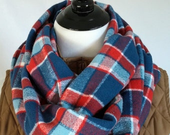 Red White and Blue Plaid Flannel Infinity Scarf. Amazingly Soft Vibrant Scarf