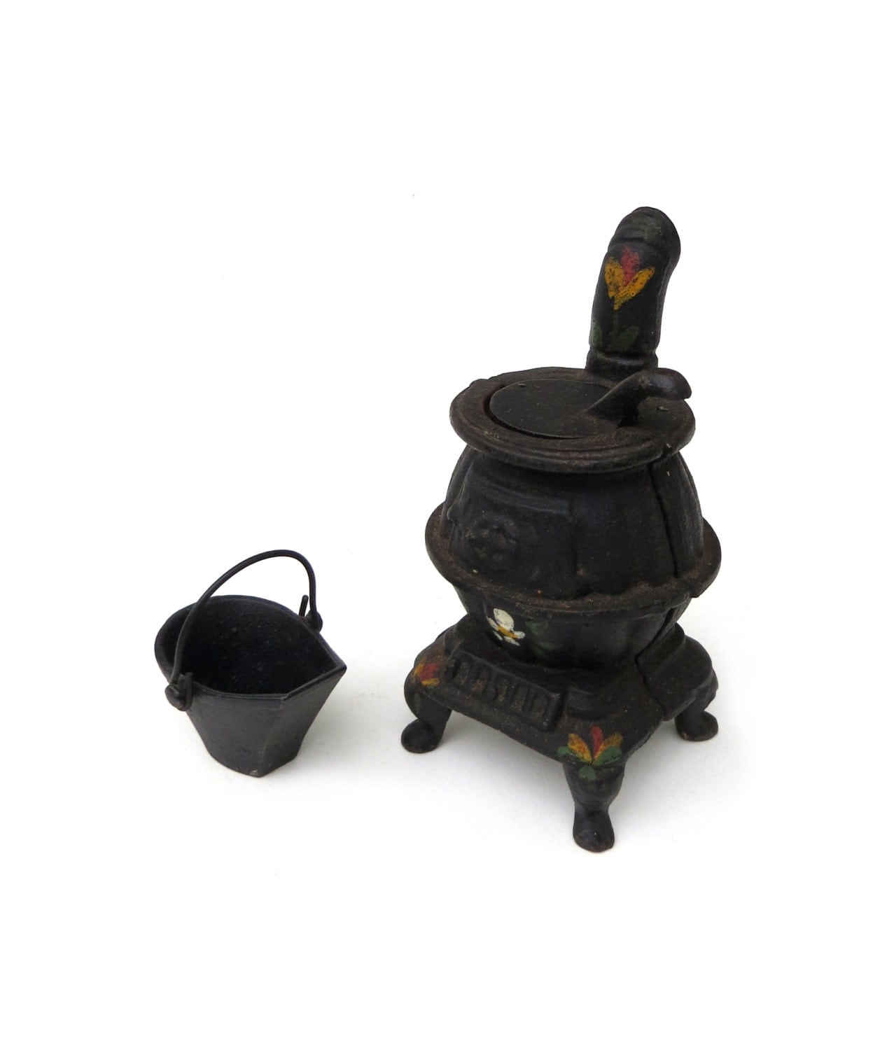 Vintage Miniature Pot Belly Stove and Coal Bucket Cast Iron