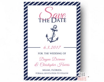 Nautical Save the Date (Printable) Nautical Wedding Announcement - Pink and Navy Nautical Save the Date - Navy Save the Date