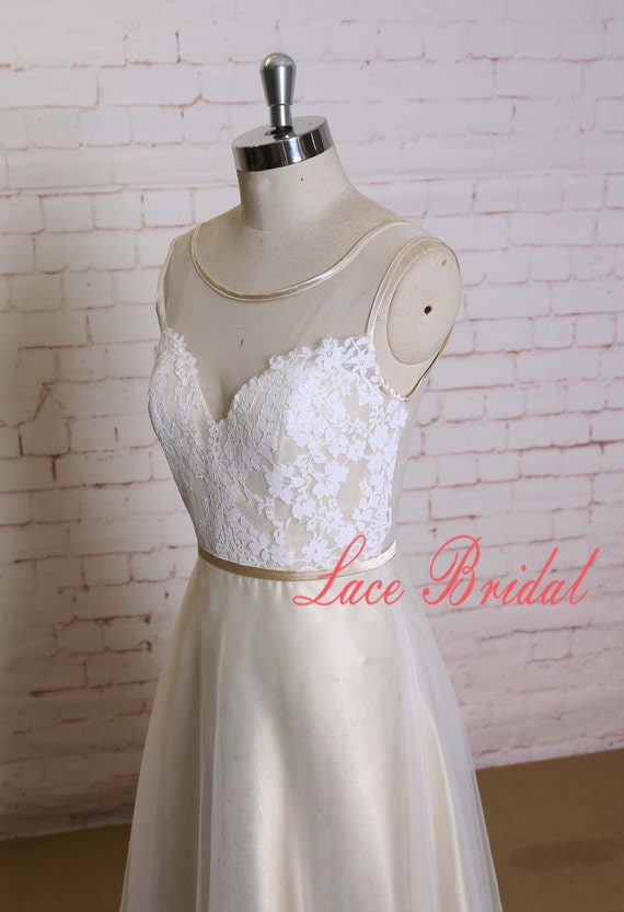 Ivory Lace  Overlay  Bodice Wedding  Dress  Illusion Neck Bridal 