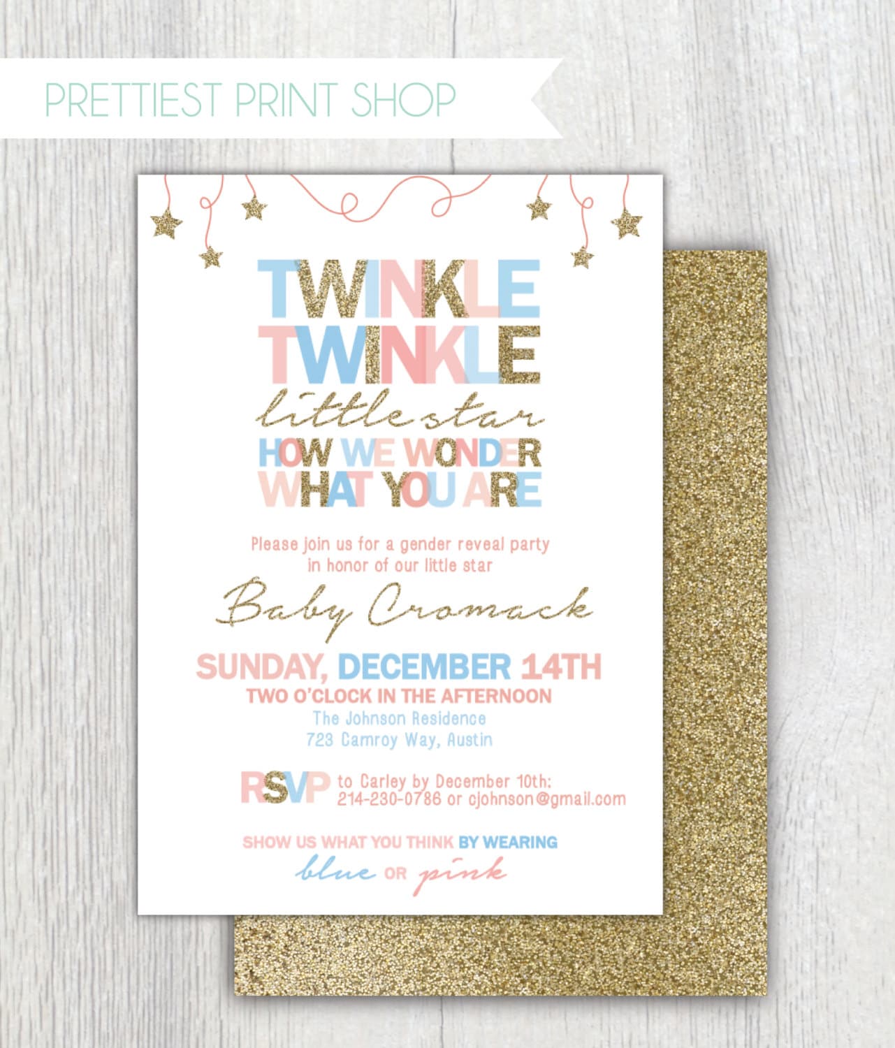 Printable Twinkle Twinkle Little Star gender reveal invitation