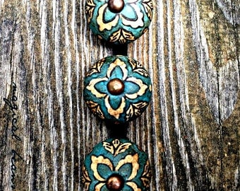 Vintage Inspired Drawer Knobs Teal Blue Drawer Pulls Floral Dresser Knobs Round Dresser Pulls Ceramic Drawer Knobs Decorative Drawer Pulls