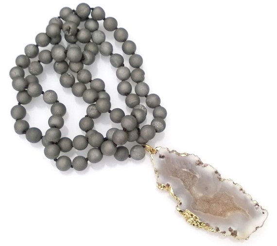 Charcoal Gray Druzy Stone Necklace Druzy Pendant Necklace