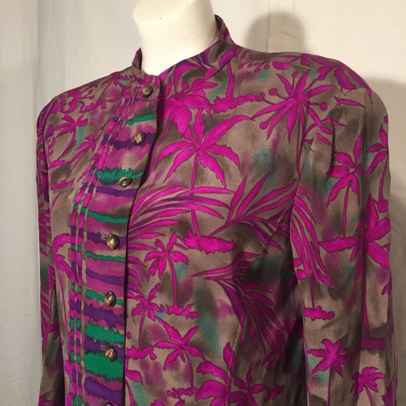 Vintage Dana Buchman Purple Green Palm Tree Palms Silk Nehru