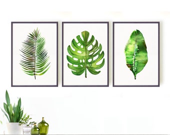 Palm leaf watercolor painting, Set of 3 Botanical art, Green leaf art, Nature art, Spring decor, Tropical, Monstera, Banana leaf, Areca palm