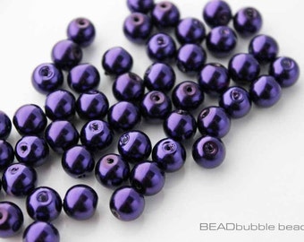 8mm Dark Purple Glass Faux Pearl Round Beads Pack of 50, Beads for Jewellery Making (GPB819)