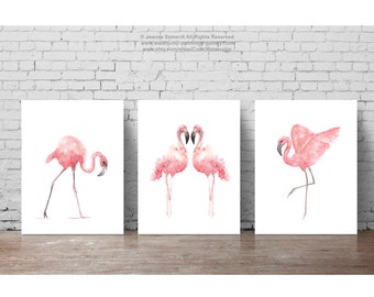 Flamingo Watercolor Painting, Summer Print Tropical Bird Poster Set 3 Flamingos, Pink Birds Animal Art, Kids Nursery Illustration, Baby Girl