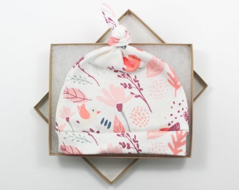 Floral Newborn Hat/ Girl Baby Hat/ Organic Cotton Hat/ Baby Knotted Hat/ Knotted Cap/ Organic Cotton Baby Hat/ Newborn Infant Hat