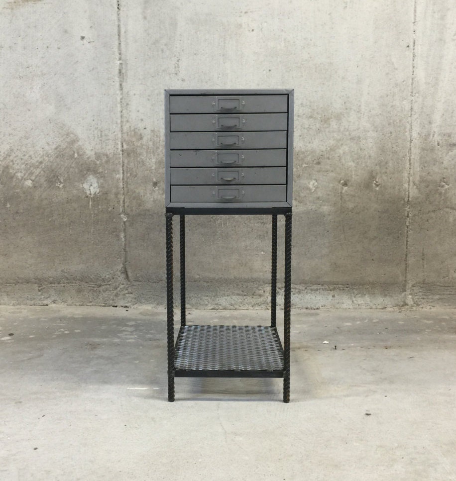 Industrial End Table Vintage Weis Grey Six Drawer File with