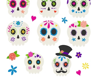 80% OFF SALE Sugar Skulls, Halloween Clipart, Skull Clipart, Printable, Commercial Use