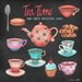 tea cup watercolor clipart, tea time digital clipart, tea and cupcakes watercolor graphic set, brown pink and blue teacups by SLS lines