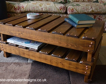 Bespoke Country Cottage Rustic Reclaimed Wood Coffee Table Medium Oak Stain & Copper Tacks with Undershelf Storage Handcrafted to Order