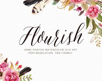 Watercolor floral Clip Art-Flourish/Individual PNG files/Hand Painted/Wedding design